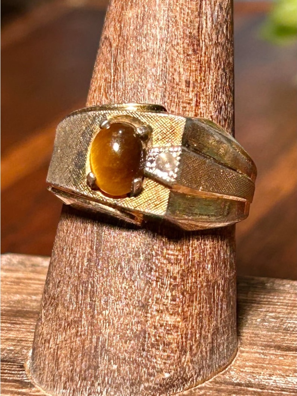 Espo 14k HGE Mens Ring Tigers Eye Rhinestone Yellow Gold Vintage Retro Jewelry